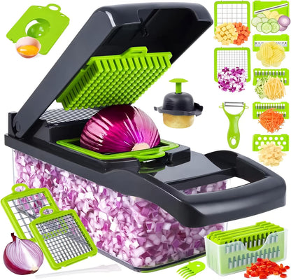 16-in-1 Vegetable Chopper with Container, Onion Chopper & Mandoline Slicer, Veggie Cutter Food Dicer for Onion, Potato & Tomato, BPA-Free Kitchen Gadgets Vegetable Cutter