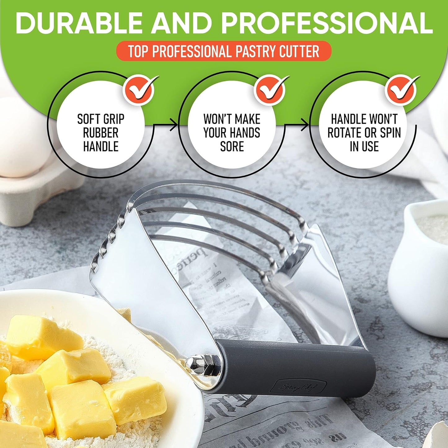 Spring Chef Dough Blender, Top Professional Pastry Cutter with Heavy Duty Stainless Steel Blades, Medium Size, Black