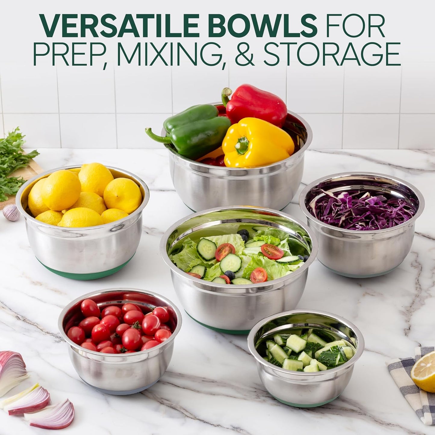 COOK WITH COLOR Stainless Steel Mixing Bowls Set with Lids - Nesting Bowls with Non-Slip Bottom, Silver, 14 Pieces