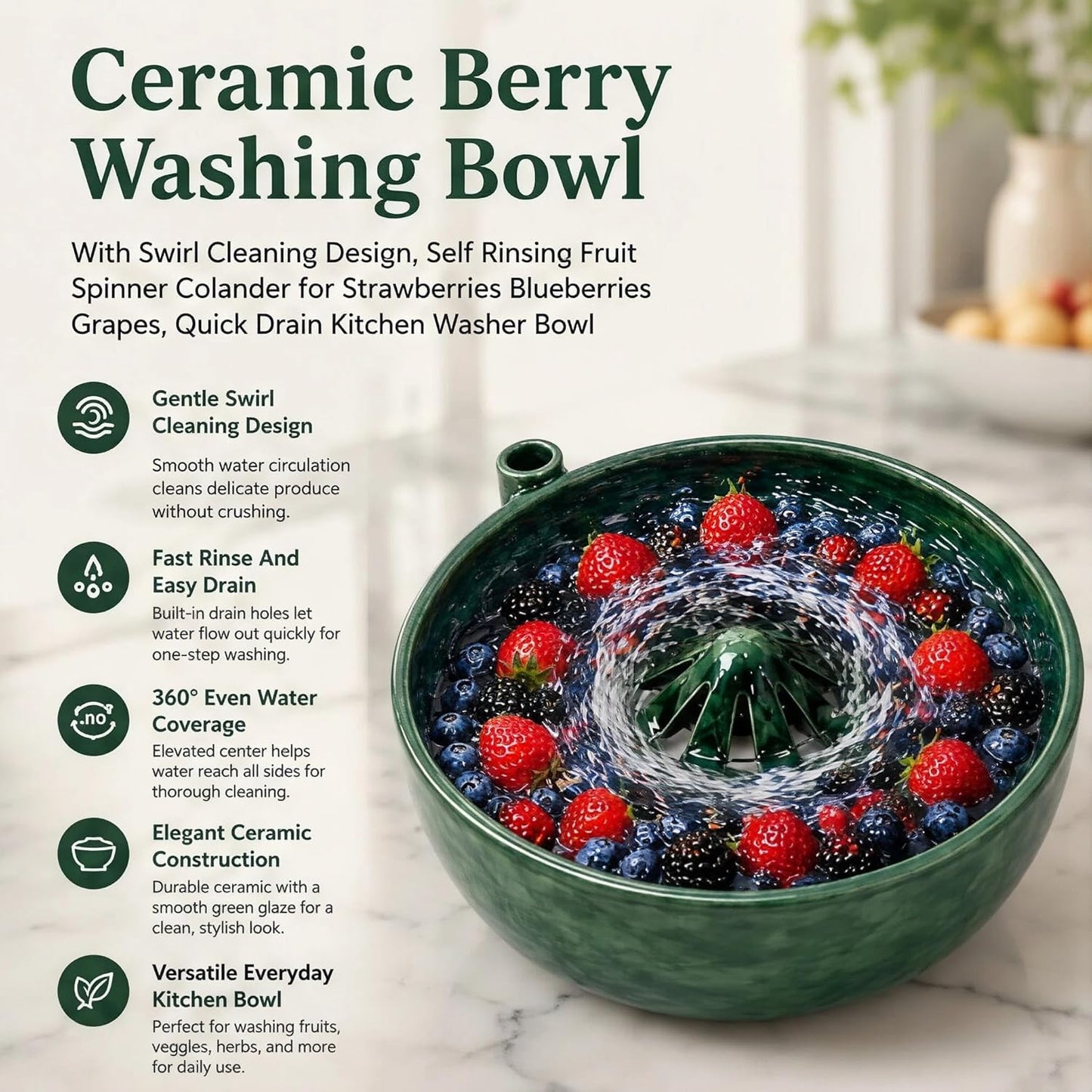 Ceramic Berry Washing Bowl with Swirl Cleaning Design, Self Rinsing Fruit Spinner Colander for Strawberries Blueberries Grapes, Quick Drain Kitchen Washer Bowl (Ceramic)