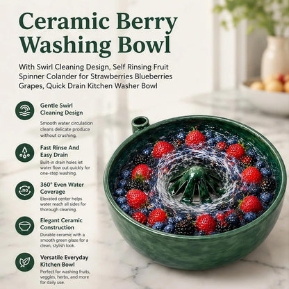 Ceramic Berry Washing Bowl with Swirl Cleaning Design, Self Rinsing Fruit Spinner Colander for Strawberries Blueberries Grapes, Quick Drain Kitchen Washer Bowl (Ceramic)