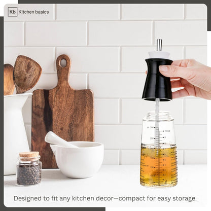 KB KITCHEN BASICS Salad Dressing Cruet 300ml/10oz - Refillable Glass Bottle with Etched Recipes, 3-in-1 Tool to Measure, Mix, Serve Dressings - Stylish & Functional Kitchen Essential