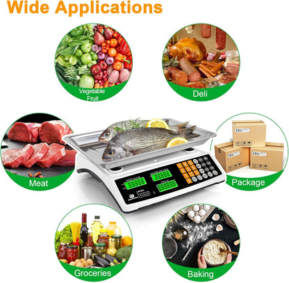 Price Computing Scale 88lb/40kg Commercial Food Scale for Produce Meat with Stainless Steel Large Platform, LCD Display, and Green Bright Backlight for Farmers Markets, Deli, （Not for Trade）
