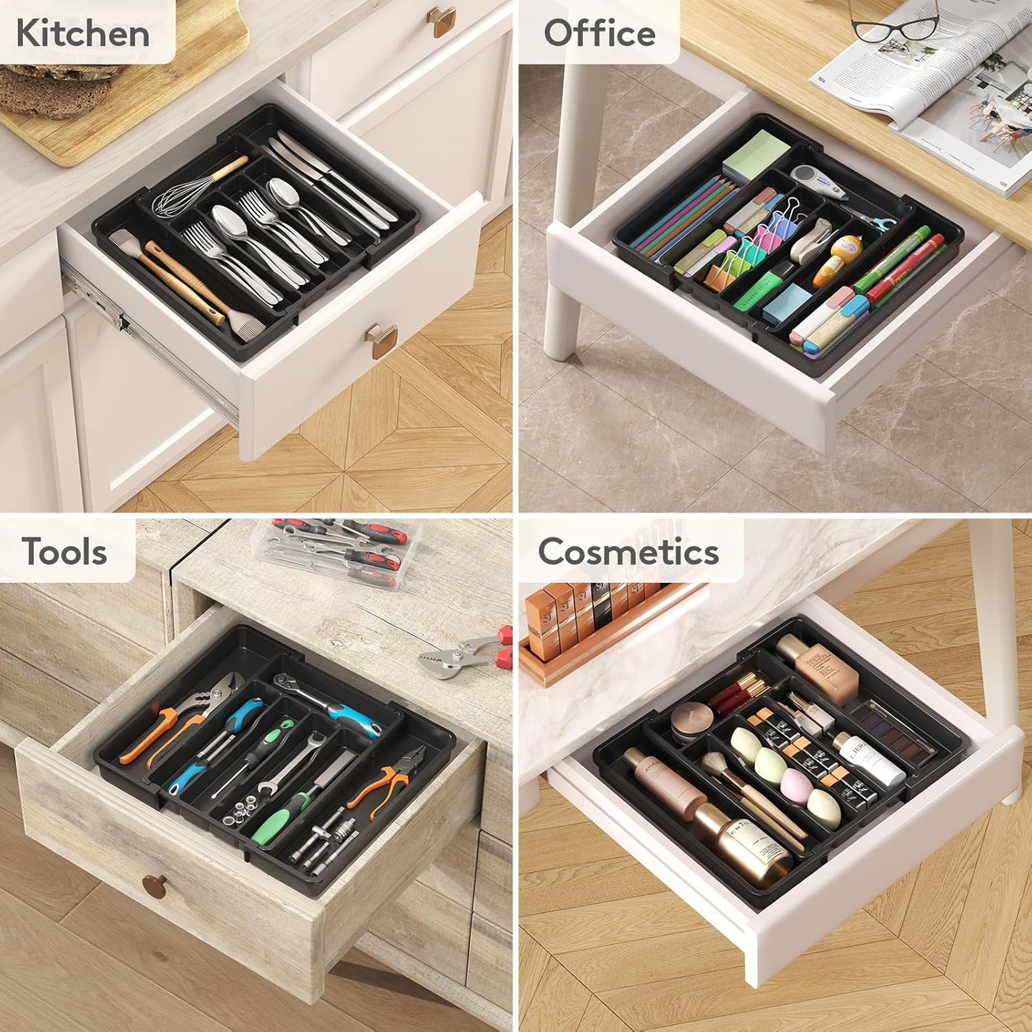 Lifewit Silverware Drawer Organizer, Expandable Utensil Tray for Kitchen, BPA Free Flatware and Cutlery Holder, Adjustable Plastic Storage for Spoons Forks Knives, 11-18 x 14", Black