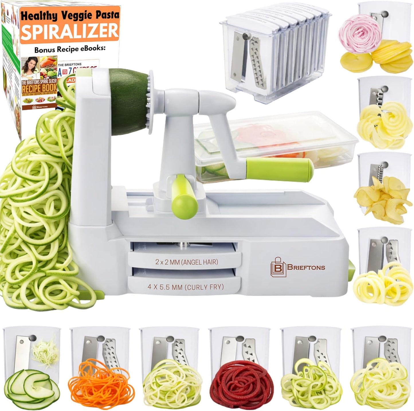 Brieftons 7-Blade Vegetable Spiralizer: Zucchini Spiral Slicer & Veggie Noodle Maker, Japanese Steel Blades, Catch Container, Strong Suction Cup, Blade Caddy, 4 eBooks | Low Carb, Vegan, Gluten-Free