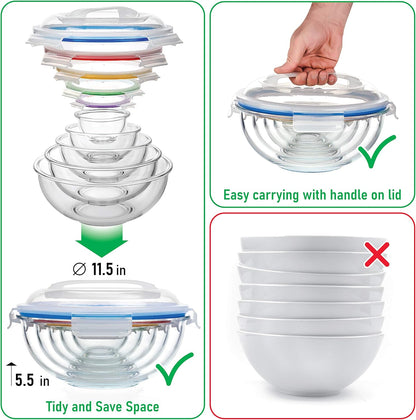 Set of 5 Nesting Glass Bowls with New Updated Acacia Lids for Foodprep, Storage, Mixing & Cooking - Microwave & Oven-ready BPA Free Durable Heat Resistant Inert Borosilicate Glass