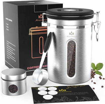Coffee canister for ground coffee with Scoop Date Tracker One Way Co2 Valve 304 Stainless Steel Kitchen Food Airtight storage container for Coffee Beans,Grounds,Tea,Sugar (Black, 16oz)