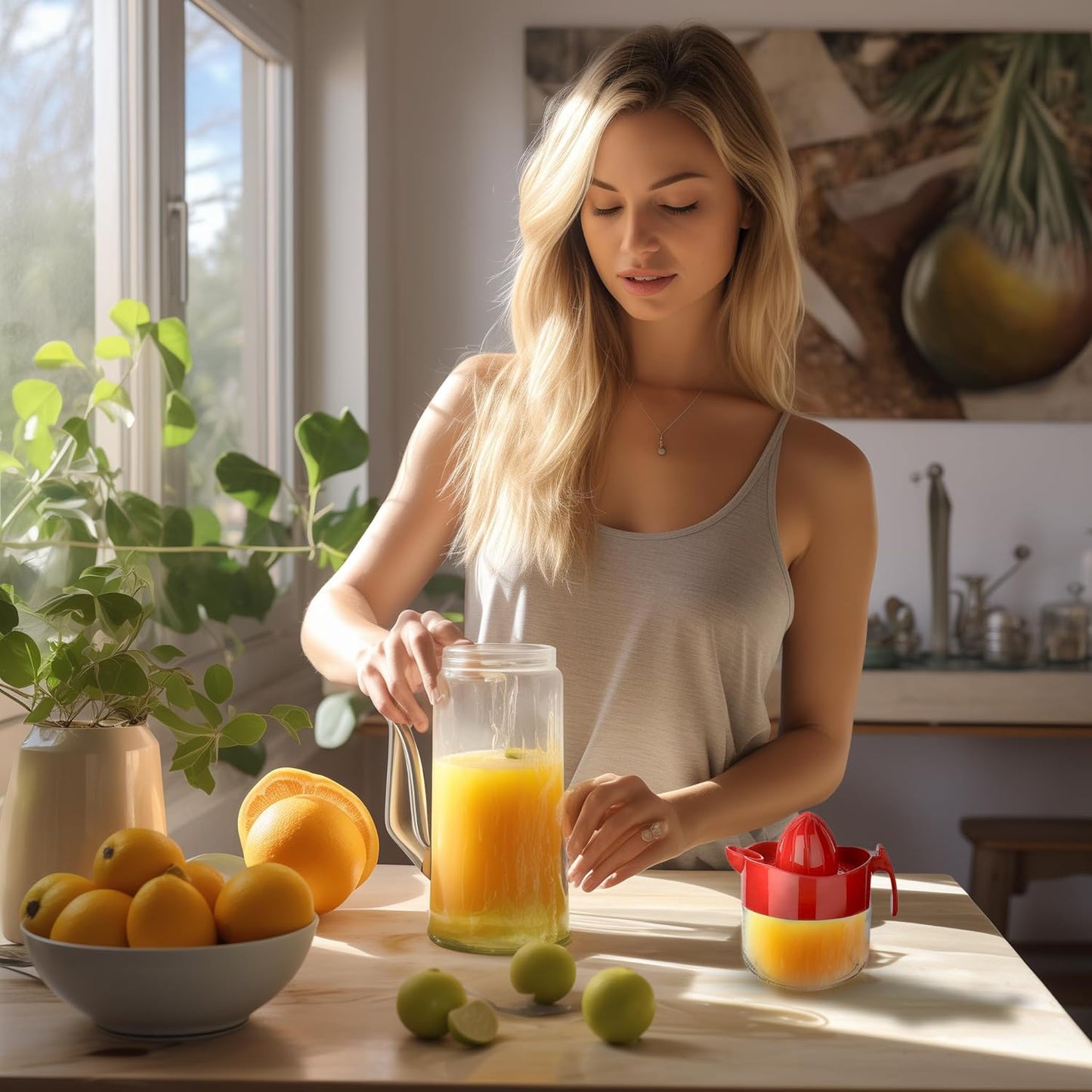 Glass Lemon Juicer, Small Grapefruit and Citrus Juicer, Extractor Manual Hand with Handle and Pour Spout, BPA Free and Lead-Free Heavyweight Crystal Clear Glass 10.1oz (Yellow)
