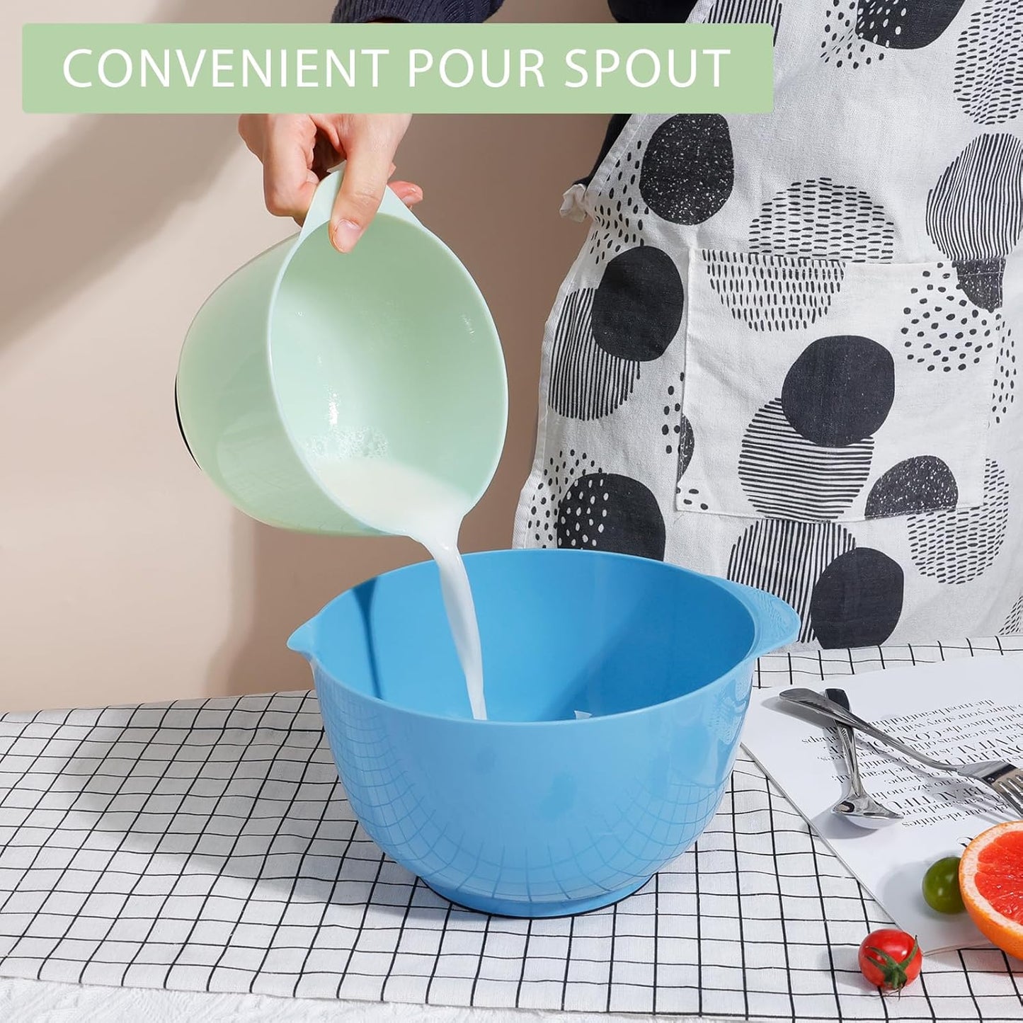 BoxedHome Green Ombre Nesting Plastic Mixing Bowl Set With Pour Spout, Microwave and Dishwasher Safe, BPA free Non-Slip Base, Set of 4 Size 1.7, 2.5, 3.5 and 4.5qt, Great for Prepping, Baking, Cooking