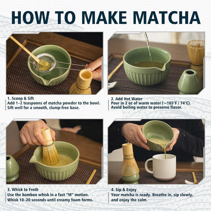 7pcs Matcha Whisk Set with 18oz Spout Bowl, Japanese Tea Ceremony Kit, Natural Bamboo Whisk Scoop, Ceramic Holder Sifter Towel, Best Gift for Beginners and Matcha Lovers