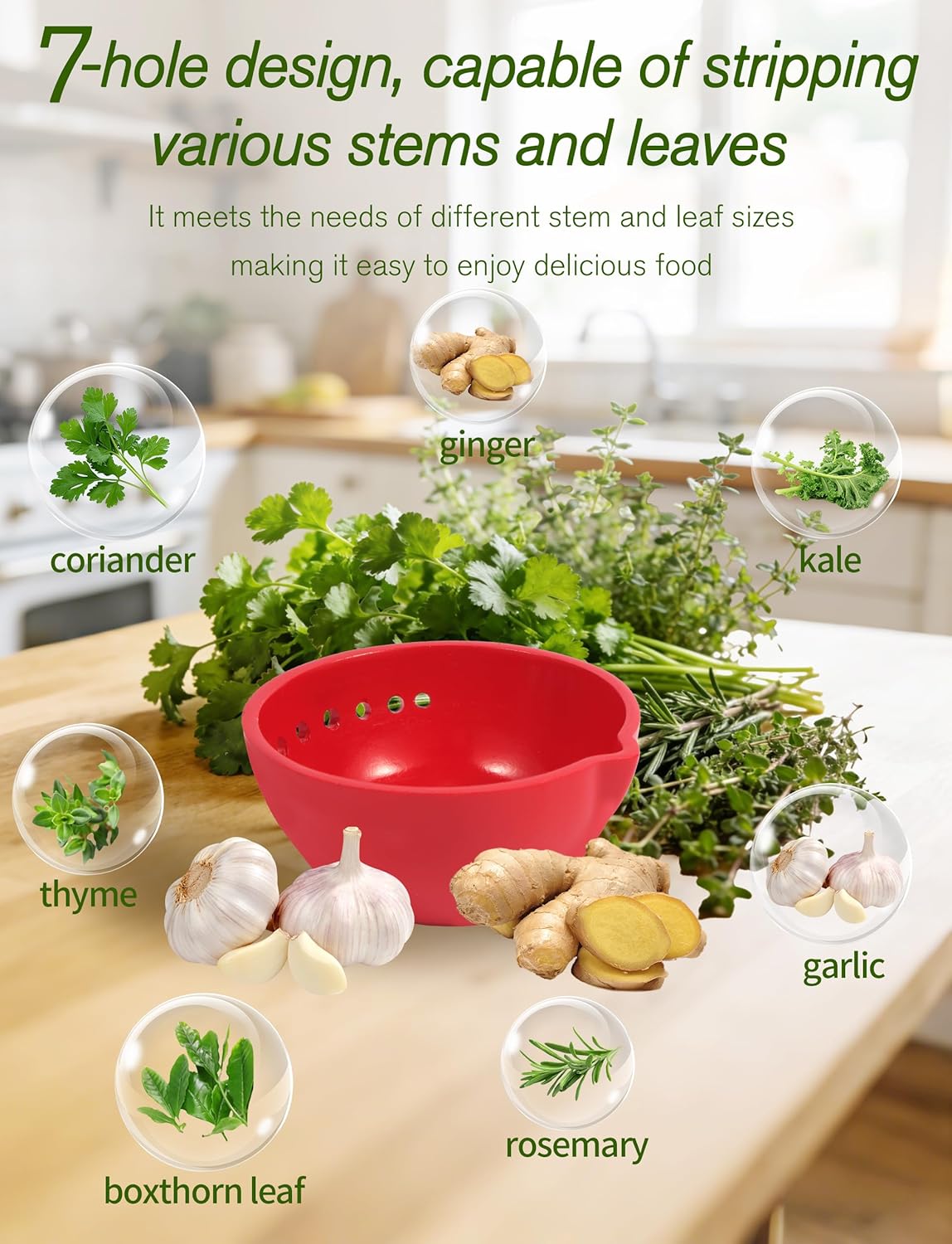 Herb Stripper & Garlic Grater, 2-In-1 7-Hole Design Herb Stripper Bowl, Built-in Garlic Grater Plate for Kale, Chard, Collard Greens, Thyme, Basil, Rosemary (Red)