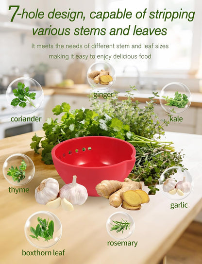 Herb Stripper & Garlic Grater, 2-In-1 7-Hole Design Herb Stripper Bowl, Built-in Garlic Grater Plate for Kale, Chard, Collard Greens, Thyme, Basil, Rosemary (Red)