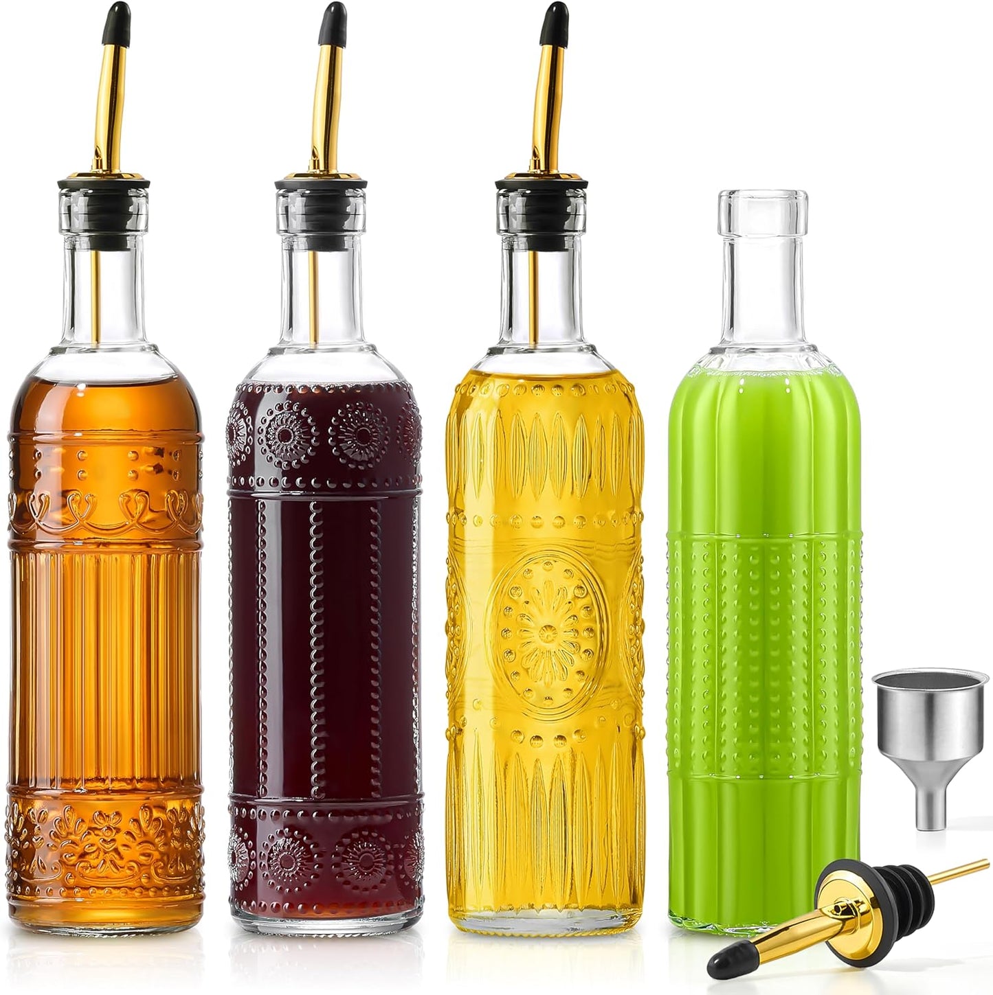 4 Pcs Olive Oil Dispenser Bottle for Kitchen,17oz Clear Glass Oil and Vinegar Dispenser Bottle Set, Classic Coffee Syrup Dispenser with 4 Stainless Steel Spouts and 1 Funnel (Round)