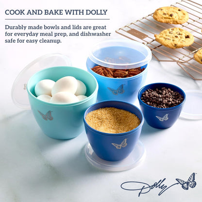 Dolly Parton Prep Bowl Set with Lids, 4 Piece Blue Butterfly Design, Airtight Storage, Mixing and Serving Bowls, Dishwasher Safe, 1 Through 4 Cup Sizes