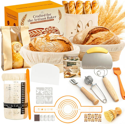 TAOMAND Complete Sourdough Starter Kit for Beginners & Manual | Sourdough Bread Baking Supplies with Round & Oval Banneton Bread Proofing Basket, Bread Sling, Starter Jar, Dough Whisk, Scrapers & Bag