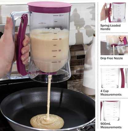 Pancake Batter Dispenser - 4-Cup Batter Dispenser with Squeeze Handle for Pancakes, Waffles, Muffins, and Crepes - Baking Tools (Purple)