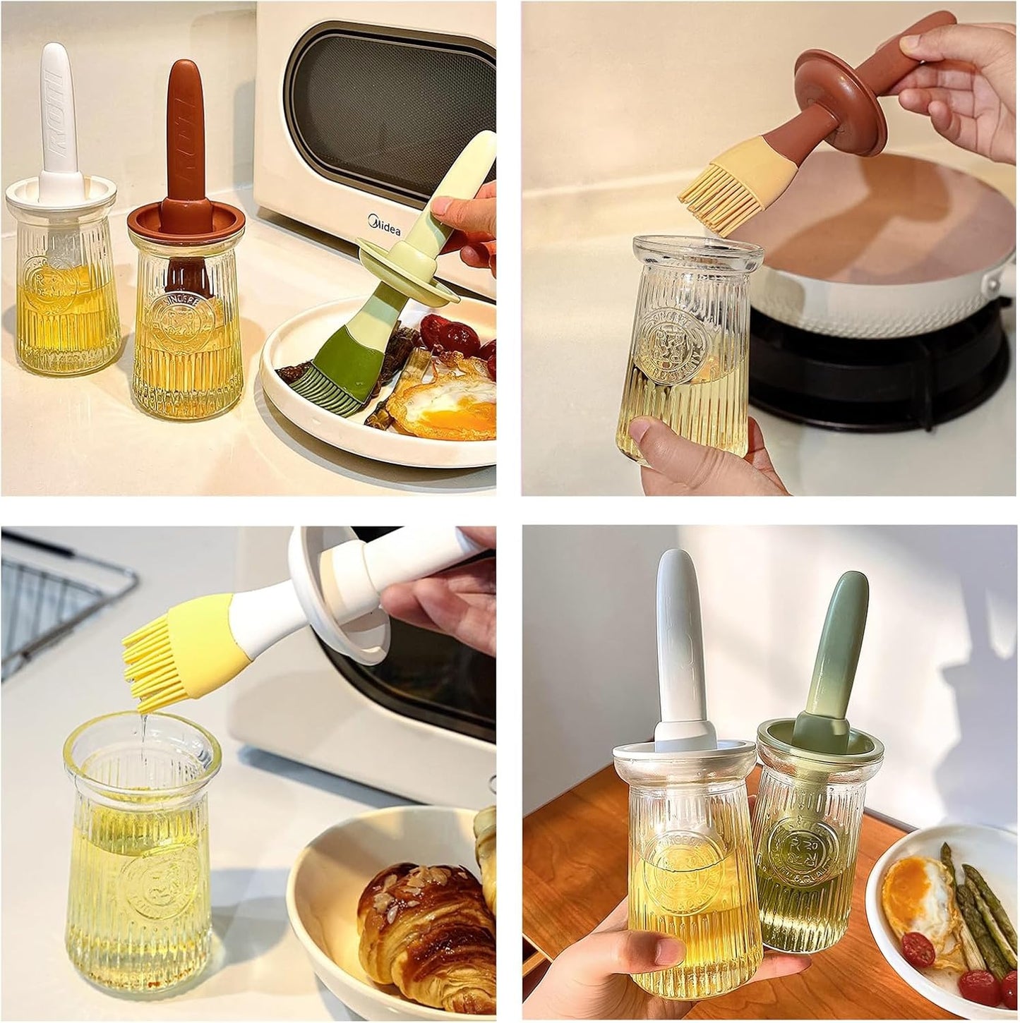 Oil Dispenser with Brush - Glass Olive Oil Dispenser for Kitchen, 3 IN 1 Oil Dispenser Bottle with Silicone Basting Brush for Cooking Vinegar Sauce BBQ Grill Frying (Green)