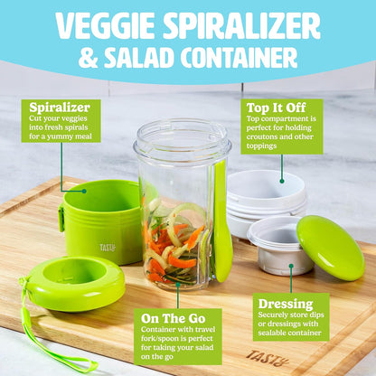 Tasty 2-in-1 Vegetable Spiralizer and Salad Container, Travel Fork Included, Dishwasher Safe, Multiple Compartments, Green