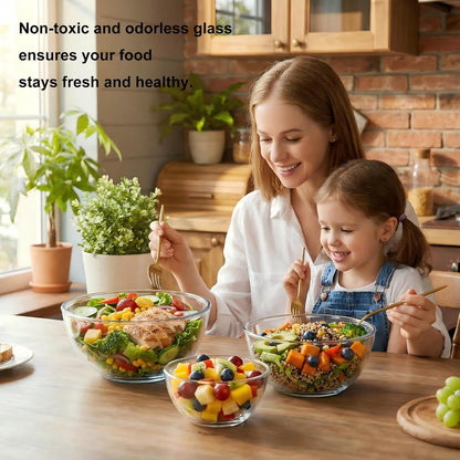 Borosilicate Glass Mixing Bowls, Set of 3 (2.8, 2.2, 1.1QT) - Heavy-Duty, Scratch Resistant & Lead-Free. Oven, Microwave, Dishwasher & Freezer Safe. Ideal for Meal Prep, Baking, Serving.