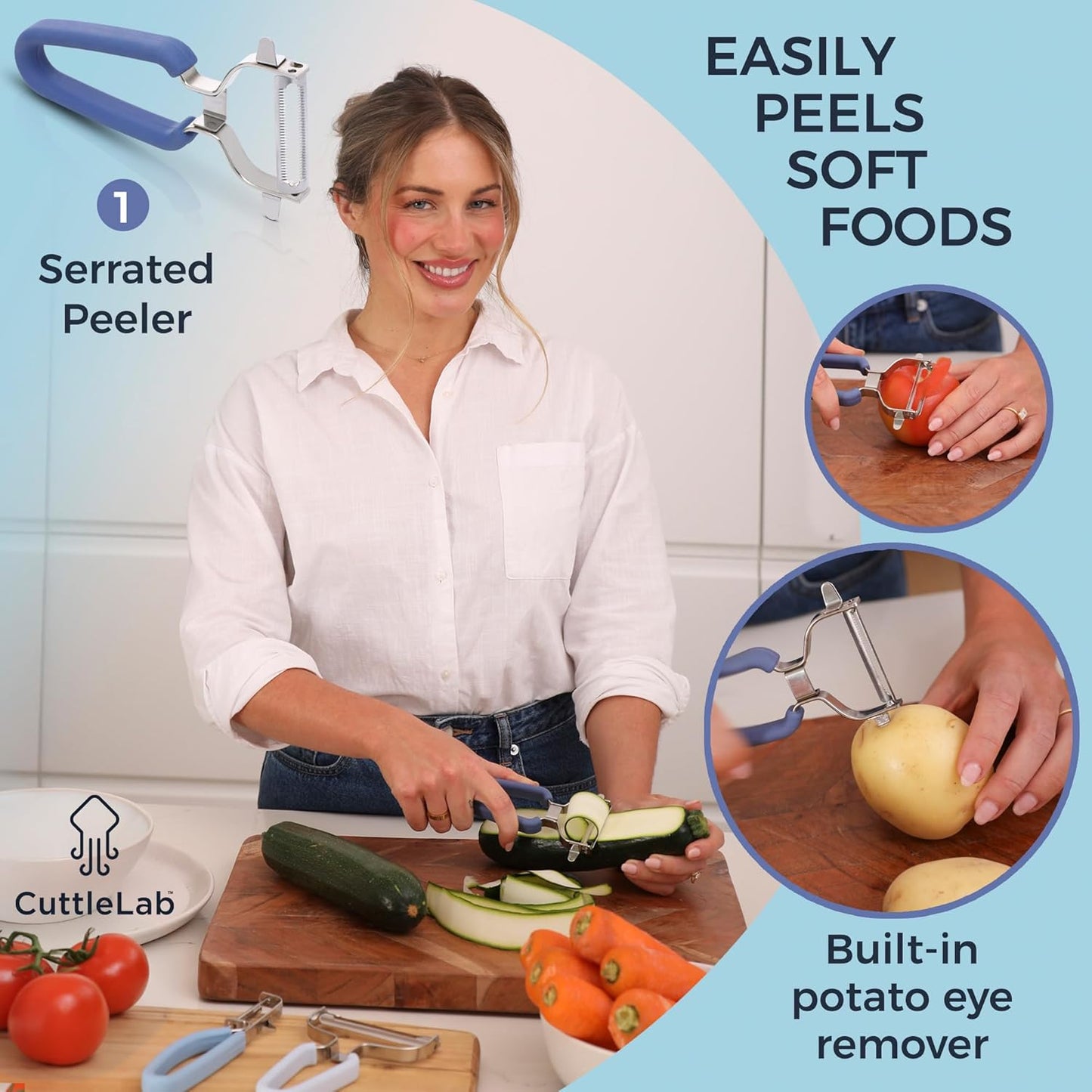 CuttleLab Vegetable Peeler Set – Serrated, Straight & Wide Blades- great apple peeler & potato peelers, Carrots, Zucchini, Cucumbers – Soft Grip Handle- Eye Remover – Dishwasher Safe (3, Country Chic)