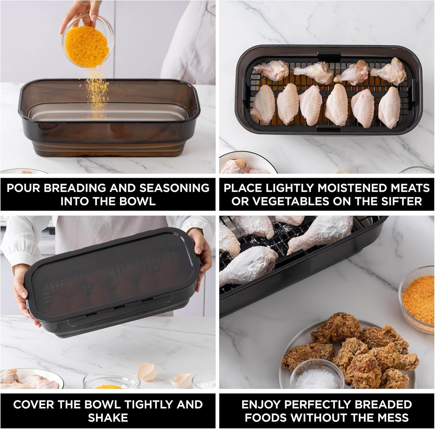 COOK WITH COLOR Collapsible Batter Bowl - Mess Free Breading Shaker Container - Great for Fried Fish, Fried Chicken, Onion Rings, Wings & More, Gray