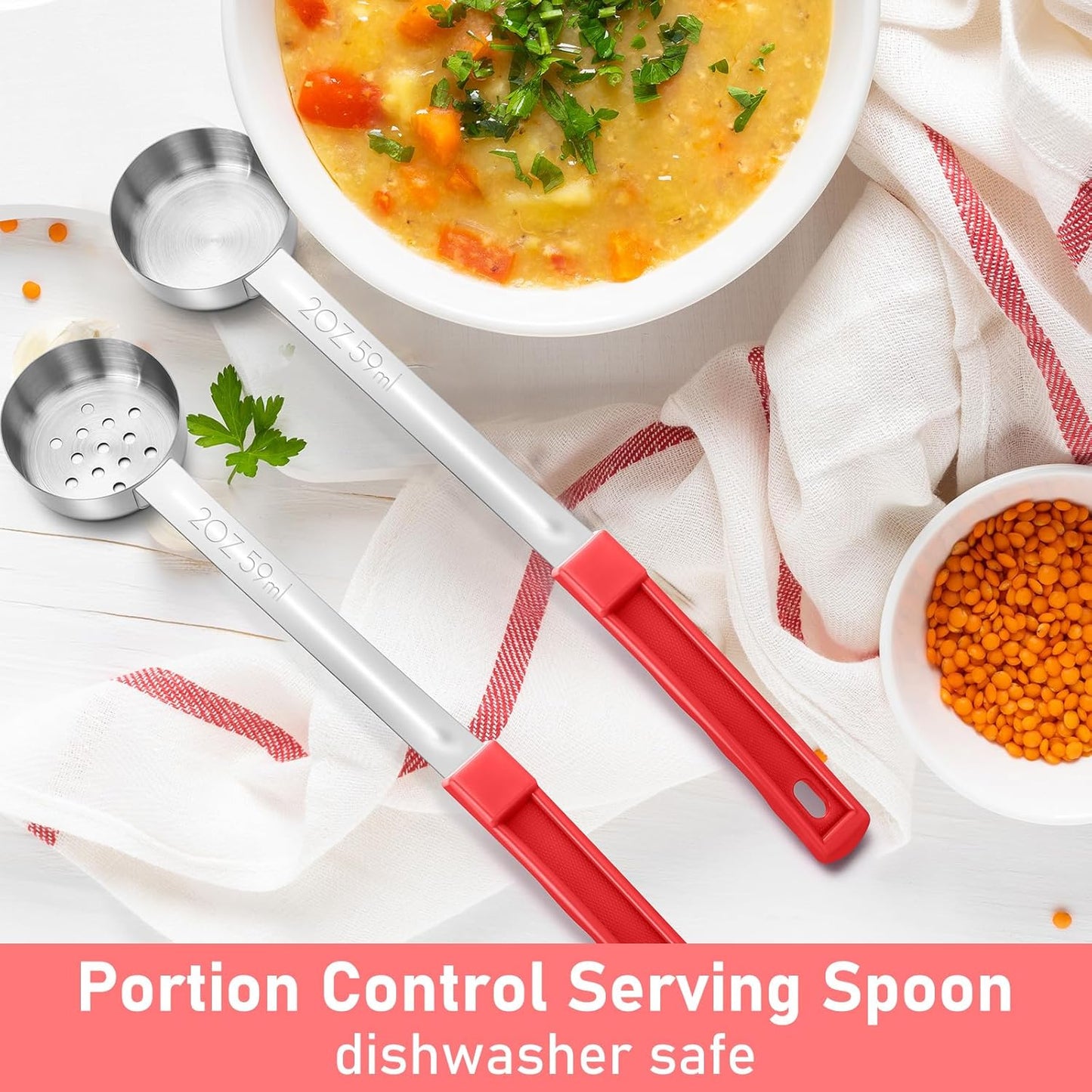 Teenyyou 2 Pcs Portion Control Serving Spoons, Restaurant Measuring Serving Ladle Utensils, Portion Spoons for Weight Loss, Kitchen(Red,2 oz,Solid and Slotted)