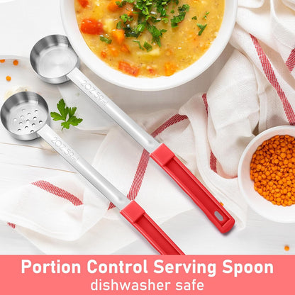 Teenyyou 2 Pcs Portion Control Serving Spoons, Restaurant Measuring Serving Ladle Utensils, Portion Spoons for Weight Loss, Kitchen(Red,2 oz,Solid and Slotted)