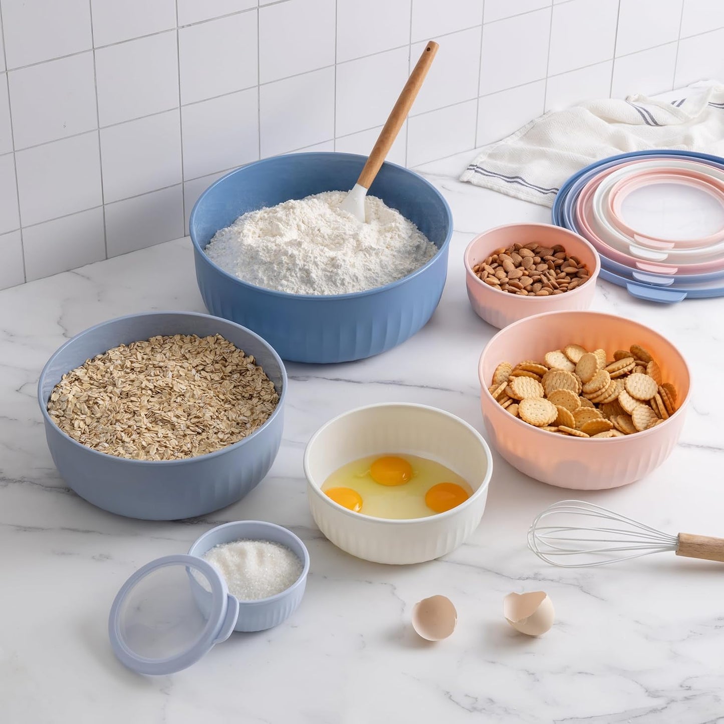 COOK WITH COLOR Prep Bowls with Lids- Wide and Deep Nesting Plastic Small Mixing Bowl Set with Lids, 8 Piece Set - Wide Bowls, Blue