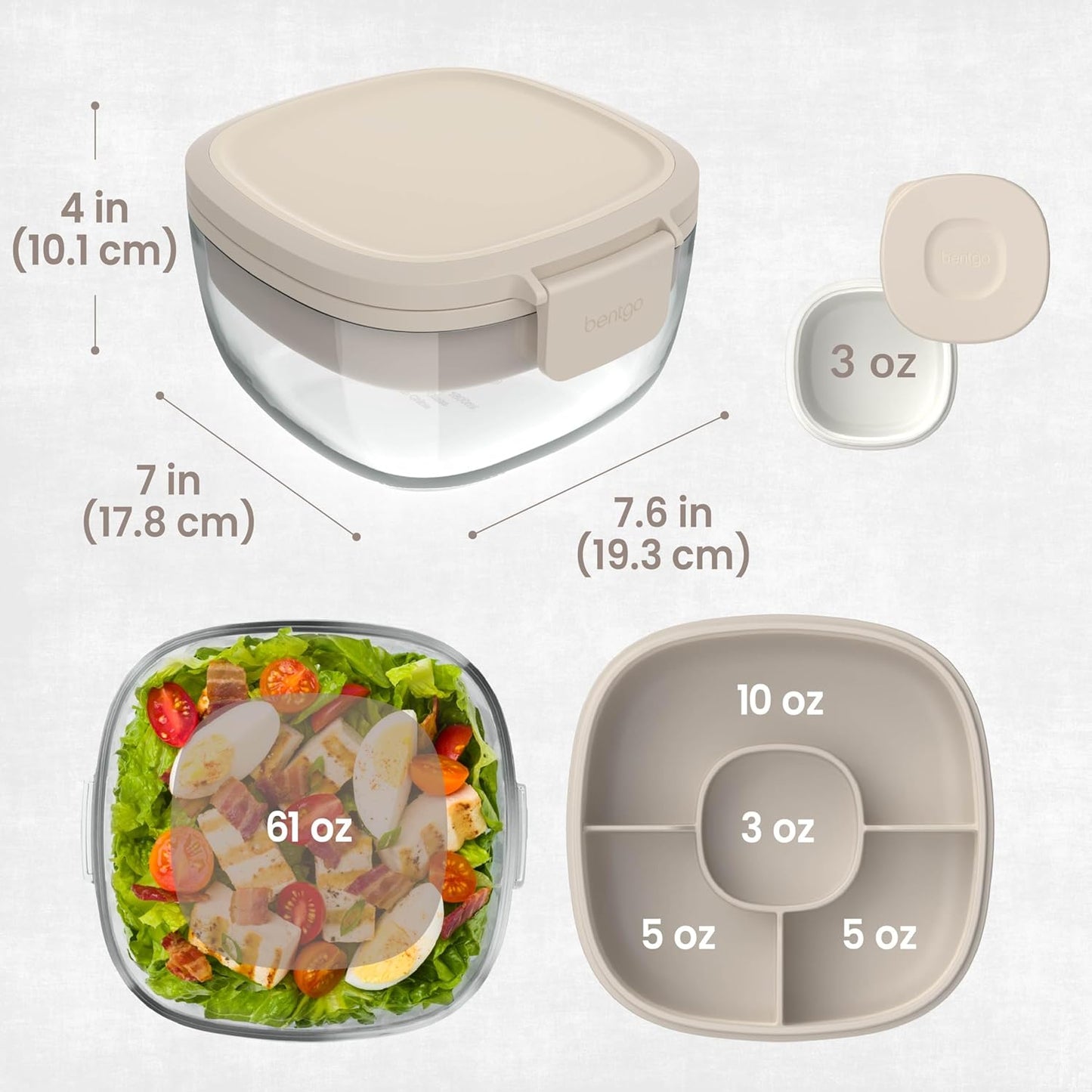 Bentgo Glass Prints Salad Container - 7.6-Cup Tinted Glass Salad Bowl with Airtight Lid, Leak-Proof Sauce Container, 4-Compartment Bento Meal Prep Tray & Reusable Fork (Floral Maximalist - Sea)