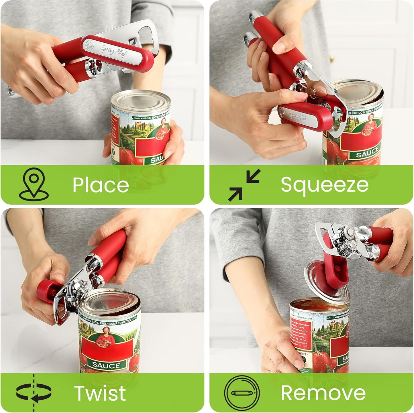 Spring Chef Stainless Steel Can Opener - Manual with Soft Grip Handles, Easy Turn, Heavy Duty Hand Can Openers for Seniors with Smooth Edge - Magnetic Lid Remover - Black