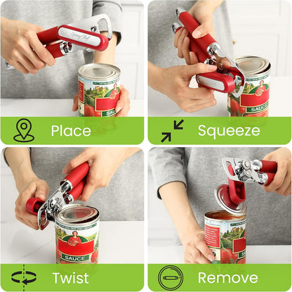 Spring Chef Stainless Steel Can Opener - Manual with Soft Grip Handles, Easy Turn, Heavy Duty Hand Can Openers for Seniors with Smooth Edge - Magnetic Lid Remover - Black