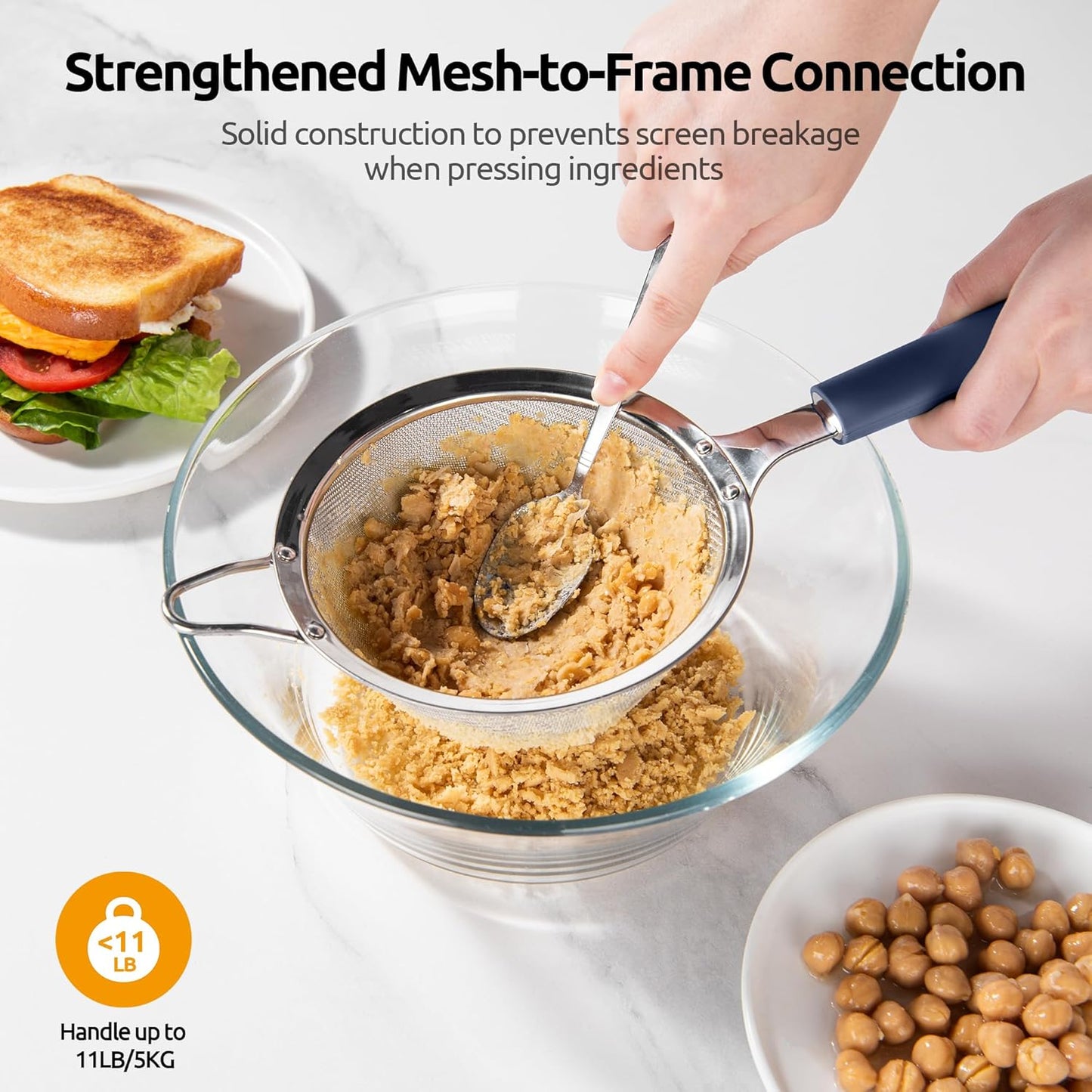 U-Taste Medium Fine Mesh Strainer: 18/8 Stainless Steel 4.73in 30 Mesh Kitchen Food Sieve with Sturdy Riveted Silicone Handle, Heavy Duty Deep Handheld Metal Colander for Rice, Quinoa, Flour (Black)