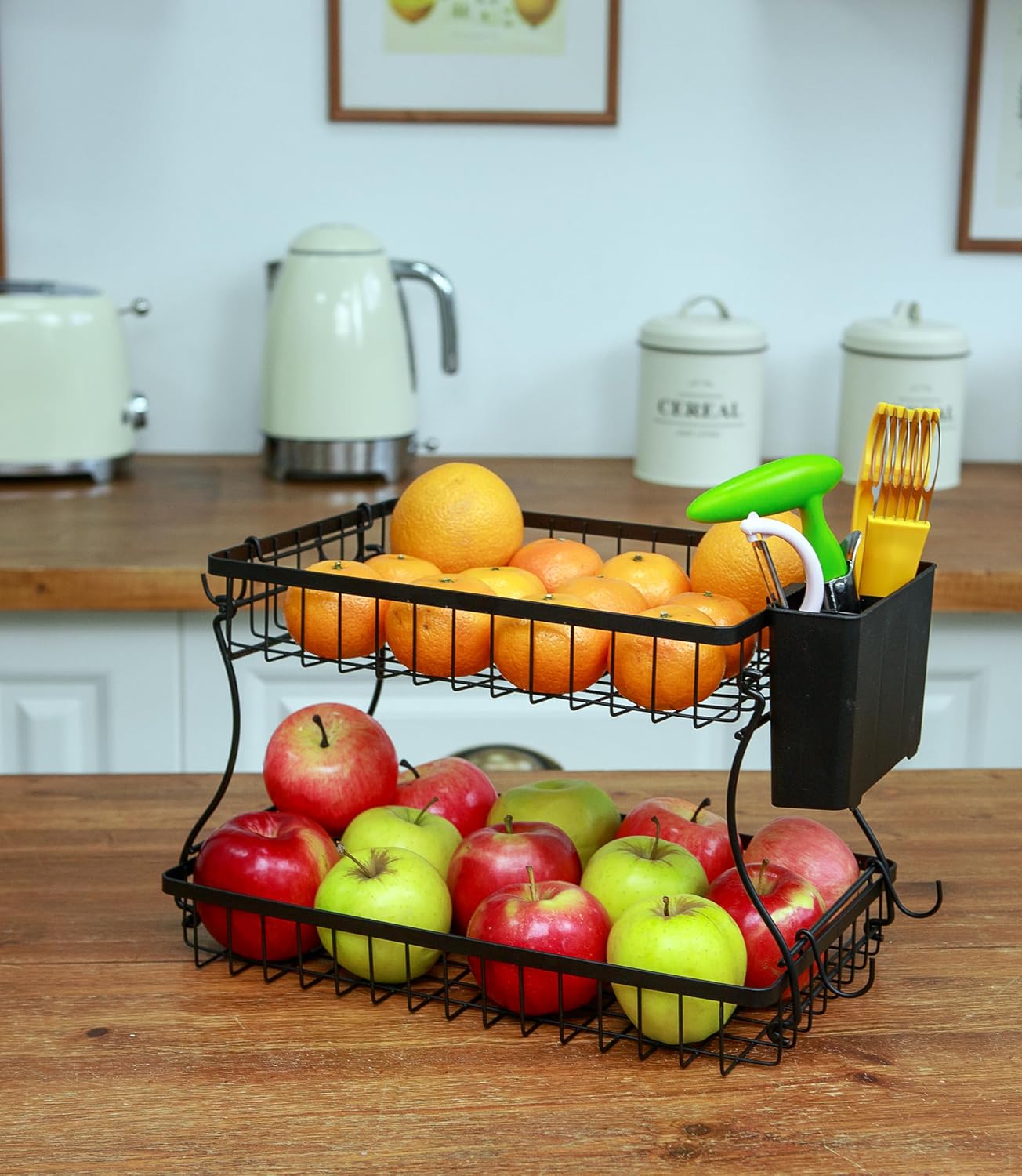 2 Tier Fruit Basket with Banana Hanger & Utensil Pocket – Metal Kitchen Counter Organizer for Fruits, Vegetables, Bread & Snacks + 3 Tools (Apple Corer, Banana Slicer, Peeler) – Perfect for Kitchen