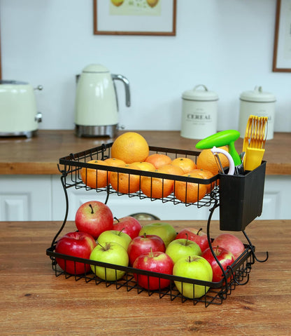2 Tier Fruit Basket with Banana Hanger & Utensil Pocket – Metal Kitchen Counter Organizer for Fruits, Vegetables, Bread & Snacks + 3 Tools (Apple Corer, Banana Slicer, Peeler) – Perfect for Kitchen