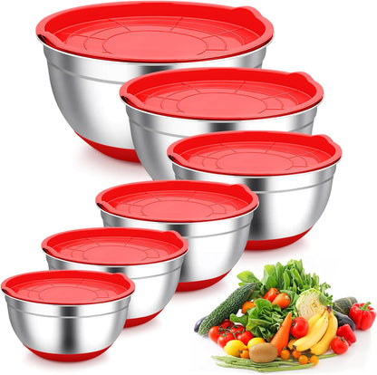 TeamFar Mixing Bowls, Black Mixing Bowls with Lids Set, Stainless Steel Nesting Salad Bowl with Air-tight Lid & Silicone Bottom, Non Slip & Stackable - Set of 6-4.6/2.6/2 / 1.5/1 / 0.7 Qt