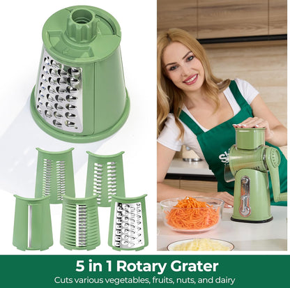 SUSTEAS Rotary Cheese Grater with Handle - Vegetable Shredder with 5 Well-designed Blades & Strong Suction Base,Round Mandoline Slicer & Food Chopper for Kitchen,with Blade Storage Box(Beige)