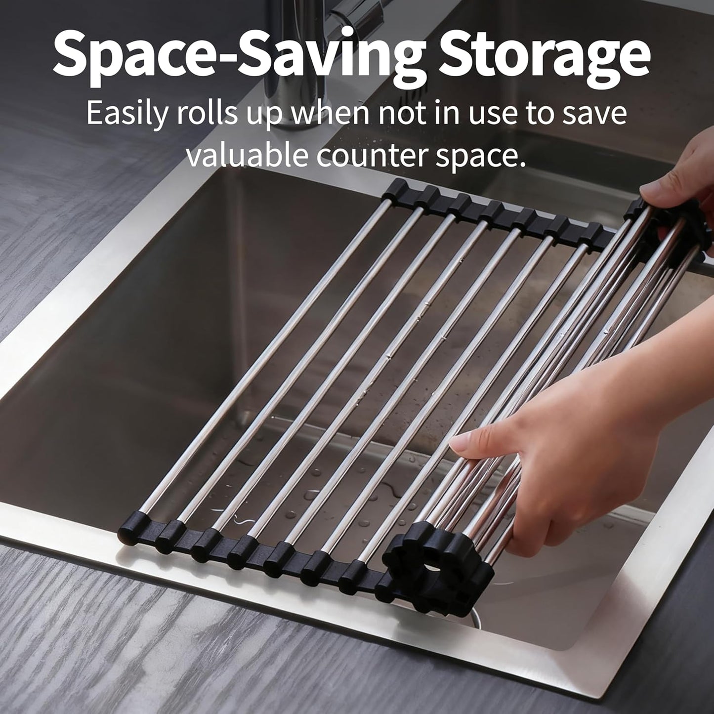 Roll Up Dish Drying Rack for Over Sink - 17.5"x15.7" Foldable Stainless Steel Kitchen Drainer, Black