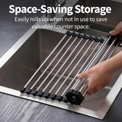 Roll Up Dish Drying Rack for Over Sink - 17.5"x15.7" Foldable Stainless Steel Kitchen Drainer, Black