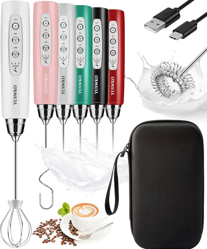 YUSWKO Black Handheld Milk Frother Wand for Coffee, Rechargeable Electric Whisk with 3 Heads 3 Speeds Drink Mixer Coffee Frother For Latte, Cappuccino, Hot Chocolate, Egg