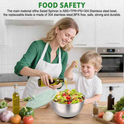 Salad Spinner Stainless Steel, 5.3-Quart Lettuce Washer Spinner with 5 Blades Slicer, Large Vegetables Fruits Wash Bowl with Strainer, Perfect Home Salad Making Tool for Healthy Eaters & Home Cooks