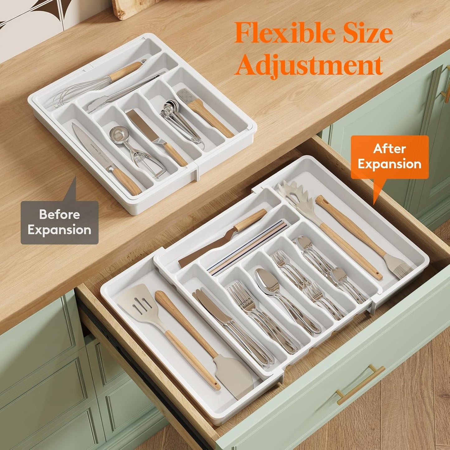 Lifewit Utensil Organizer for Kitchen Drawer, Expandable Cooking Silverware Tray, Adjustable Cutlery Flatware Holder, Plastic Spatula Tools Storage Divider, 14.4 x 15.8", Black