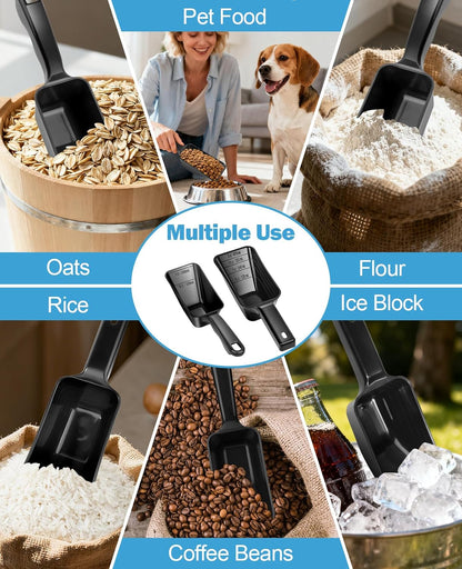 2-Pack Dog Food Scoop Set,1 Cup and 2 Cup Plastic Pet Food Measuring Scoops with Clear Measurement Lines,Multi-Purpose Pet Food Scooper for Dogs, Cats (Green and Black)
