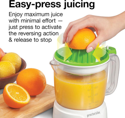 Proctor Silex Electric Citrus Juicer Machine, Large 34 oz. Pitcher, Pressure Activated, 2 Reamers for Big and Small Fruit, Pulp Control, for Orange, Lemon, Grapefruit Juice, White & Green (66340)