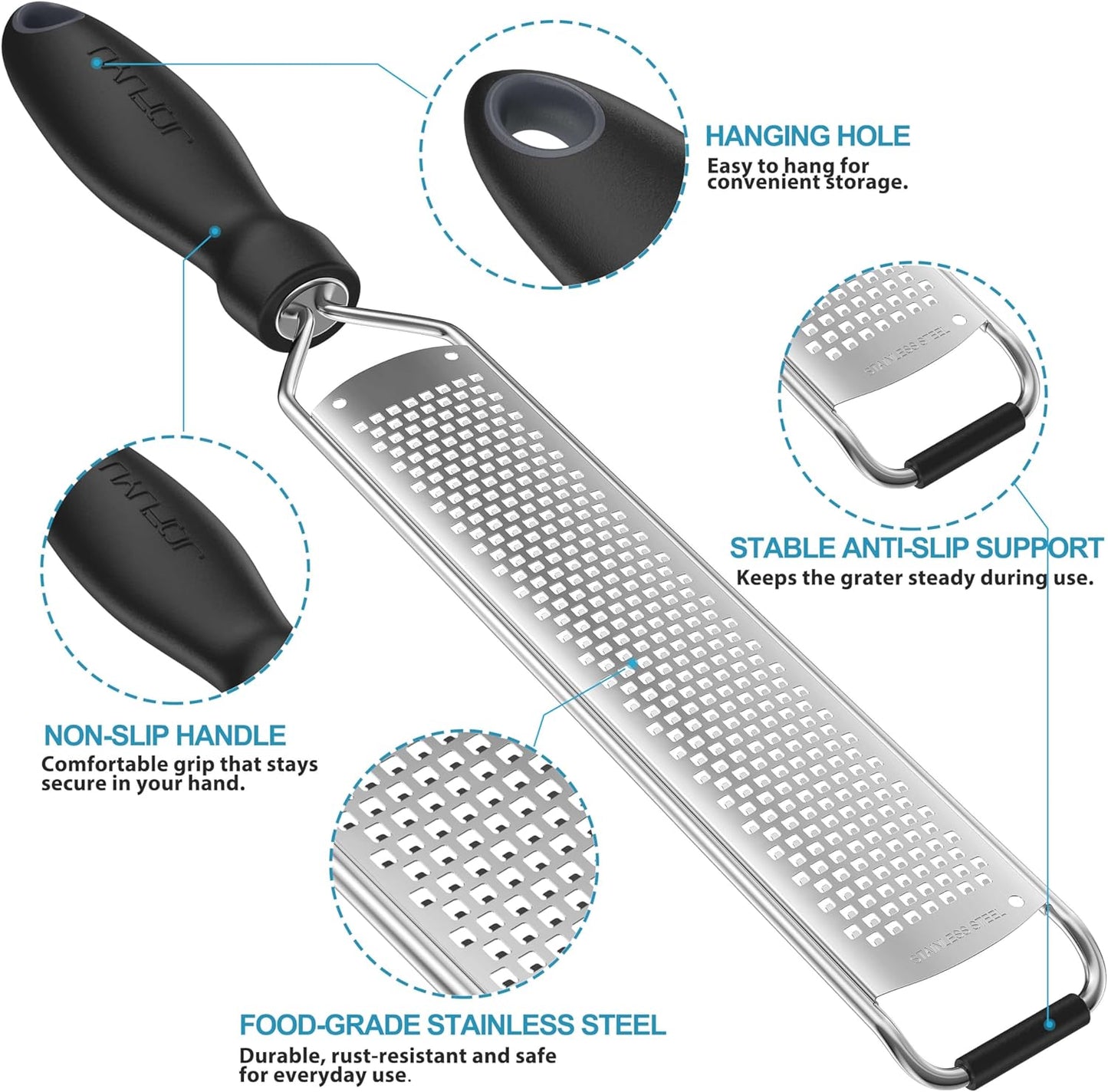 Zester Grater, Lemon Zester Grater with Handle, Premium Stainless Steel Citrus Zester for Parmesan, Garlic, Chocolate, Ginger, Non-Slip Grip, Safety Cover & Cleaning Brush, Black