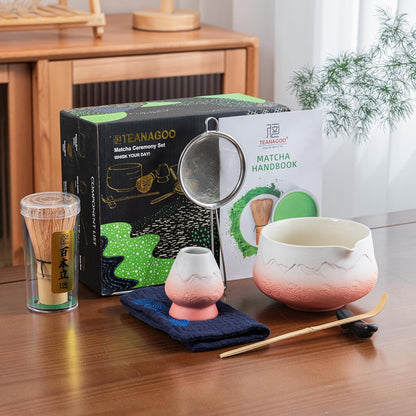 TEANAGOO 7 Pcs Matcha Whisk Set, Pink Matcha Set, Ceremony Matcha Powder Kit,Matcha Tea Set for Making Latte,Matcha Whisk Set and Bowl with Scoop&Sifter,Fuji Design Ceramic Bowl,Gift for Matcha Lovers