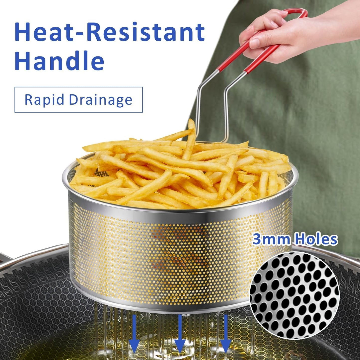 Yimi 16.5 Inch Spider Strainer | Stainless Steel Kitchen Cooking Skimmer with Double Hook Long Handle | Spiral Wire Spoon Ladle with Reinforced Double Coil for Cooking and Frying, Ideal for Gift