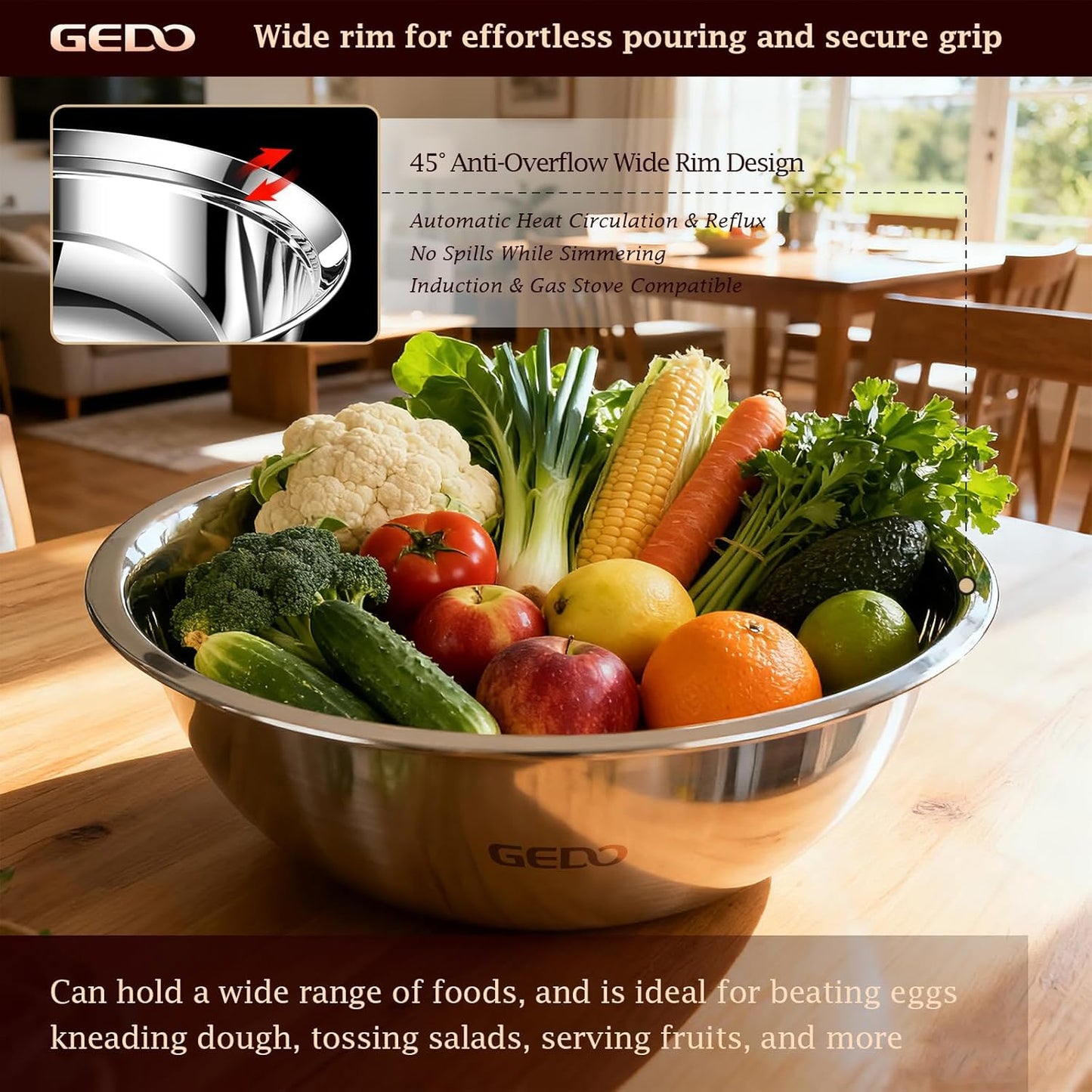 GEDO Stainless Steel 4 Piece Mixing Bowls Set, SUS316 Metal Nesting Bowls, Silver, Kitchen Food Prep Serving Bowls (7.07/8.64/10.21/11.79 in)