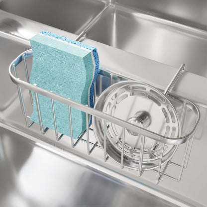 SWTYMIKI Sponge Holder for Kitchen Sink, Movable Kitchen Sink Caddy with Compact Size Rustproof and Waterproof Hanging Sponge Caddy for Double Bowl Sinks, Silver