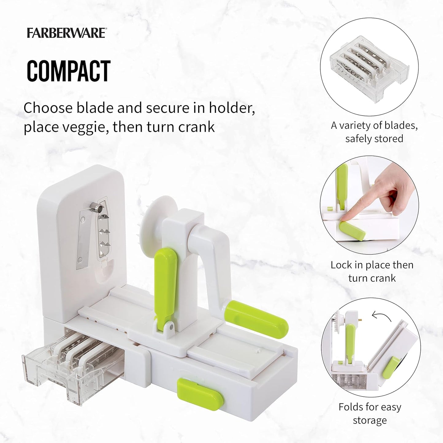 Farberware Professional Foldable Fruit And Vegetable Spiralizer Slicer Easy Store Fold And Lock With 4 Blades And Built In Blade Storage Caddy, White