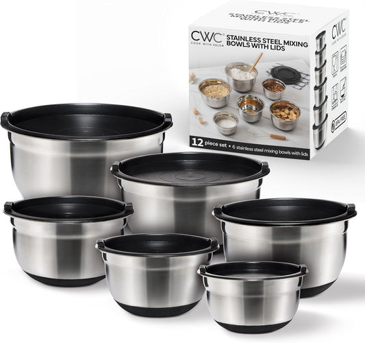 COOK WITH COLOR Stainless Steel Mixing Bowls Set with Lids - Nesting Bowls with Non-Slip Bottom, Silver, 14 Pieces